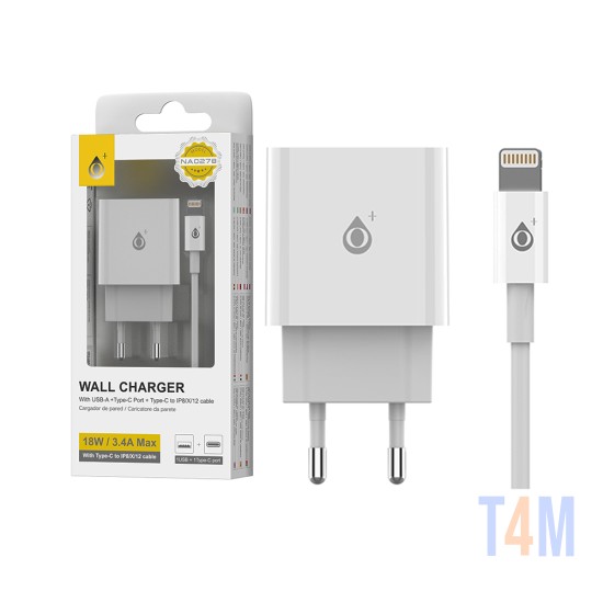 Cargador de Pared EU OnePlus NA0277 con Puerto 1 USB+1Tipo C y Cable Tipo C a Relámpago QC 3.0+PD(18W) Blanco